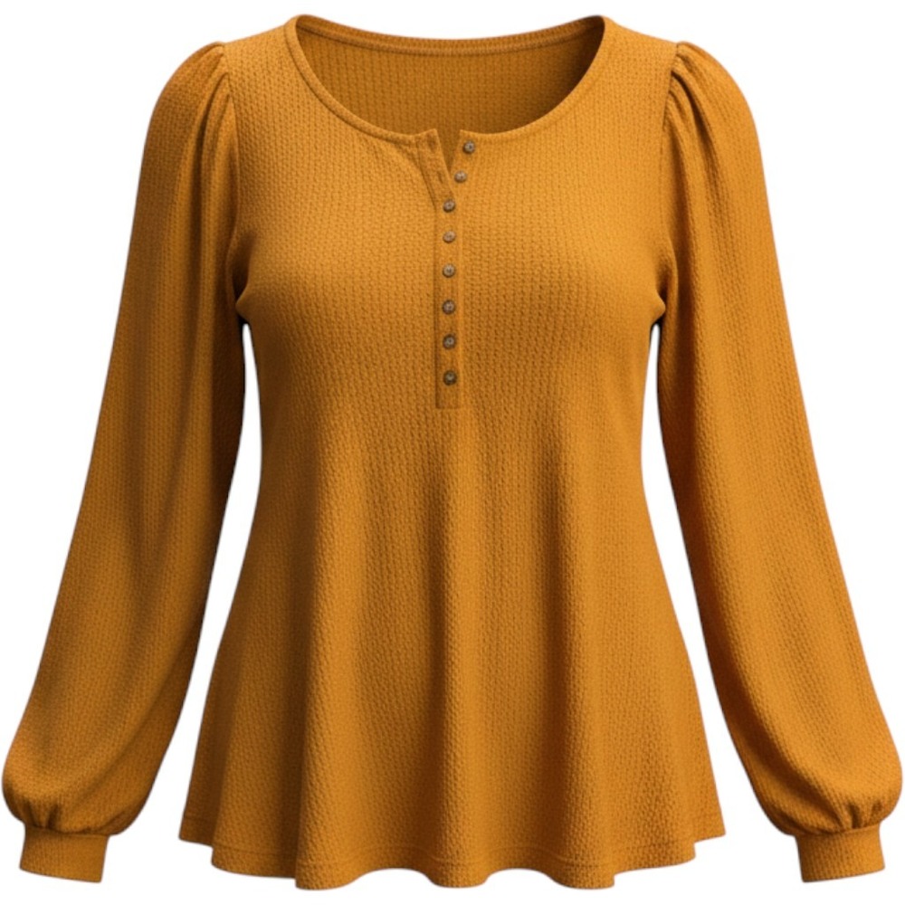 Free People Womens Mustard Yellow Henley Babydoll Top Pleated Puff Sleeve Large